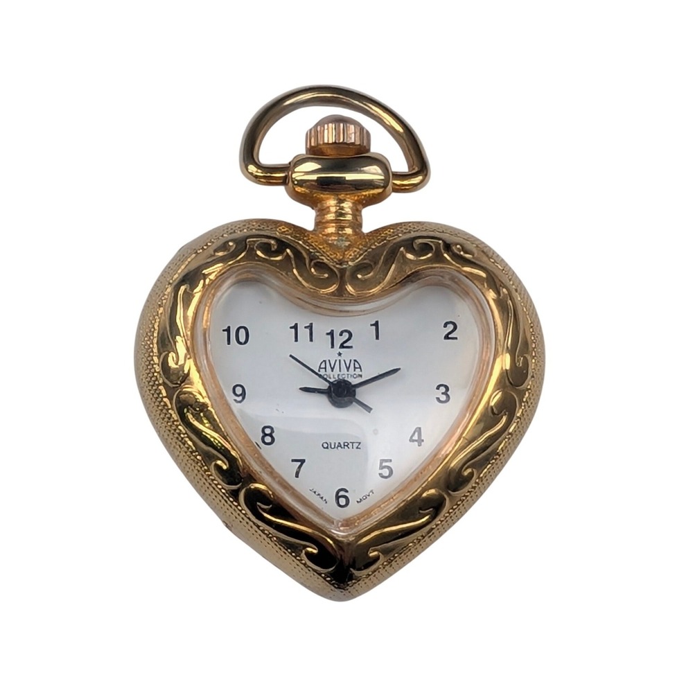 Vintage Heart Shaped Necklace Pocket Watch Pendant with Gold Scrollwork